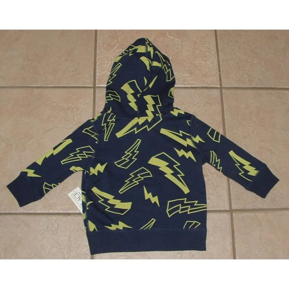 NEW Baby Boys sz 9-12 Months Blue Lightning Full Zip Hooded Jacket Pockets TCP